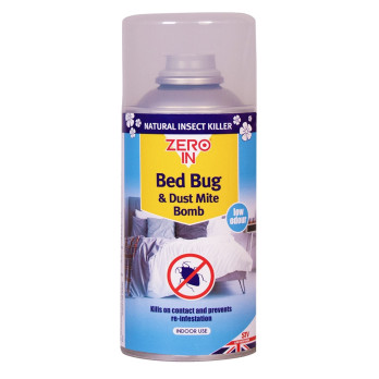 Zero In Bed Bug & Dust Mite Bomb 150ml Aerosol treating up to 40 metre cubic ideal for surfaces bedding rugs and carpets