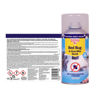 Zero In Bed Bug & Dust Mite Bomb 150ml Aerosol treating up to 40 metre cubic ideal for surfaces bedding rugs and carpets