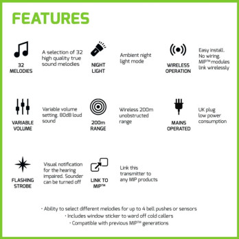 Lloytron Hearing Impaired Door Chime Kit 200m Black UK plug 32 melodies