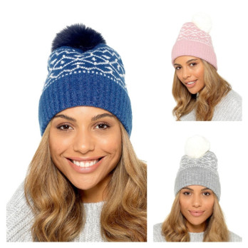 RJM Ladies Bobble Hat With Bead Detail One Size Fits Most Soft Knit Fabric fluffy bobble