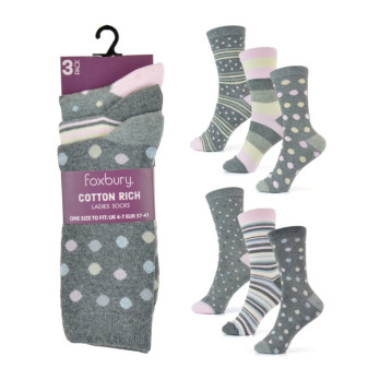 RJM Ladies Spot - Stripe Design Socks Pack 3 One Size Fits Most Machine washable Ideal for casual wear