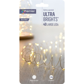 Premier 40 LED Indoor Ultrabrights With Timer Warm White & Silver Wire