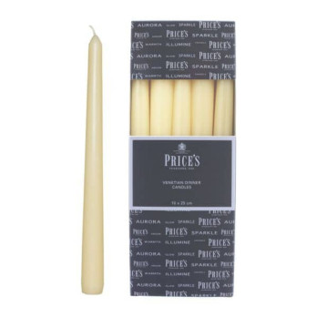 Price's 10" Venetian Wrapped Dinner Candles 10 pack 7 hours burn time 254mm length Ivory