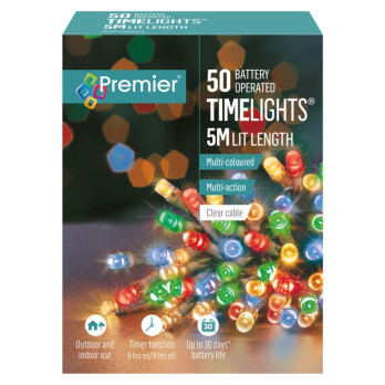 Premier Multi Action Battery Operated TIMELIGHTS 50 LED Multi-Clear Cable 6-hour on 18-hour off cycle