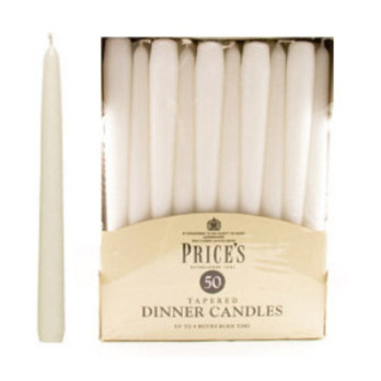 Price's Candles Tapered Dinner Candle Unwrapped 50 Pack White