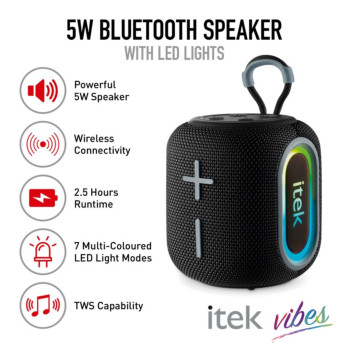 Itek Bluetooth Black Speaker & LED Lights 5w 10m connectivity range AUX USB & Micro-SD