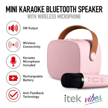 Itek Pink Mini Karaoke Bluetooth Speaker & Mic 5w Auto shut-off USB & TF card slot