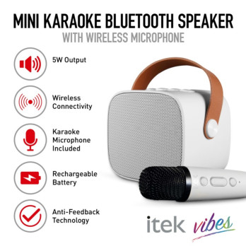 iTek White Mini Karaoke Bluetooth Speaker & Mic 5w USB and TF card slot Auto shut-off