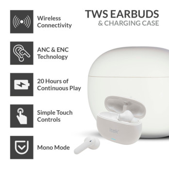 Itek TWS Earbuds & USB-C Charging Case White 10m range