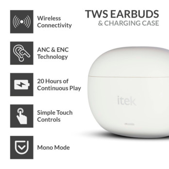 Itek TWS Earbuds & USB-C Charging Case White 10m range