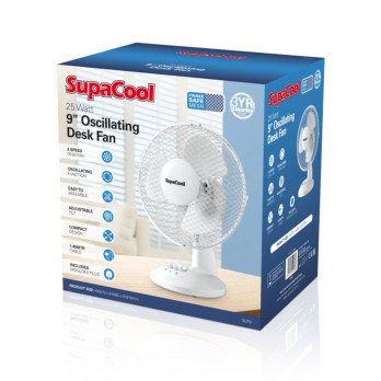 SupaCool Oscillating Desk Fan 9" Compact design, simple push button controls