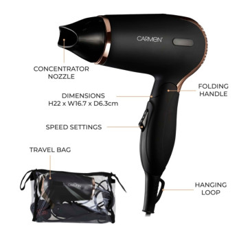 Carmen Noir 11 Travel Hair Dryer Black 1200w