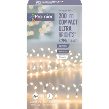 Premier Ultrabright Silver Wire 200 LEDs Warm White 3.2m lit length