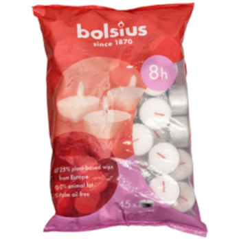 Bolsius White 8 Hours Tea Lights Bag 45 free of palm oil or animal fat