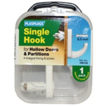 Plasplugs Hollow Door regular-duty Hook White Single - Ideal for home, boat, and caravan