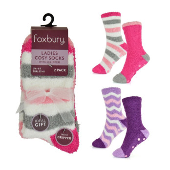 RJM Ladies Stripe Cosy Socks With Gripper 2 Pack