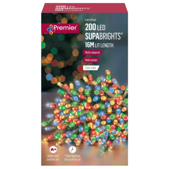 Premier 200 LED Multi Action Supabrights With Timer Multi Coloured Clear Cable