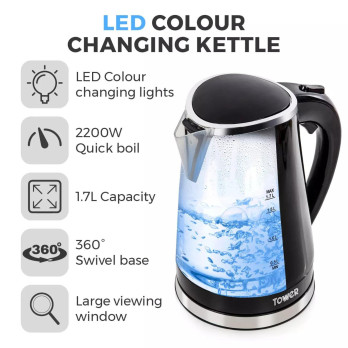 Tower LED Kettle 2200w 1.7L capacity for up to 7 cups 360 degree swivel base