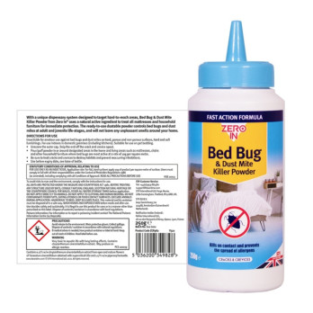 Zero In Bed Bug & Dust Mite Killer Powder 250g infestations on mattresses & furniture Poison-free