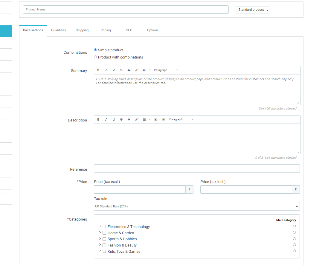 Seller Dashboard product form